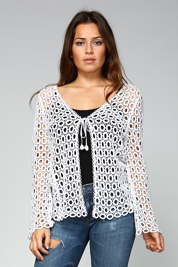 100% Cotton Front Open Crochet Cardigan - White